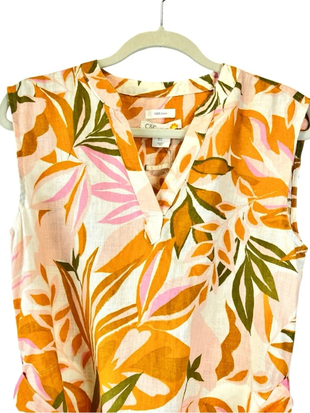 NEW C&C California 100% Linen Dress Multicolor Tropical Leafy Palm Print S NWT - Picture 3 of 9